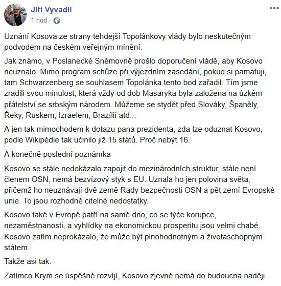 Jiří Vyvadil o o uznání Kosova